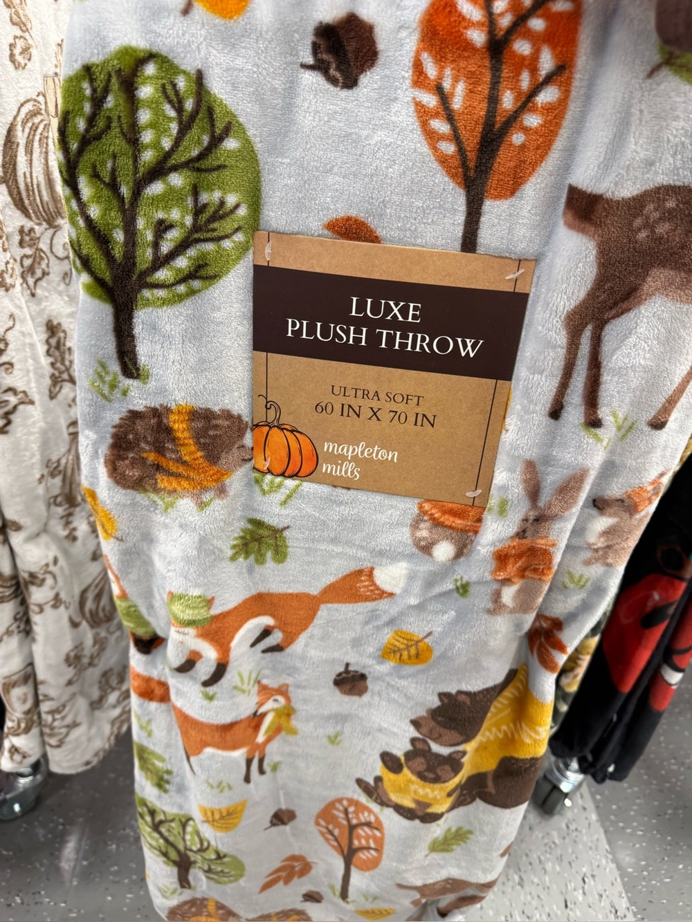 Luxe Plush Throw - Gray with Orange & Green Woodland Pattern